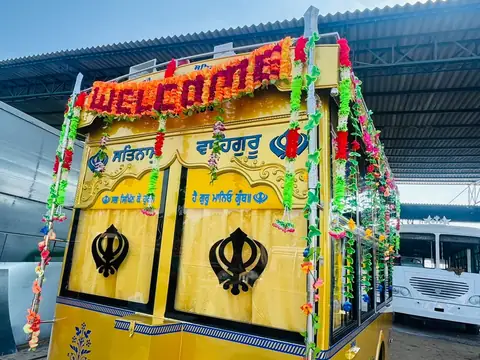 Palki Sahib, decorated for Nagar Kirtan, front view with Nagar Kirtan decorations — built by Guru Kirpa Bus Body Builders, Barnala